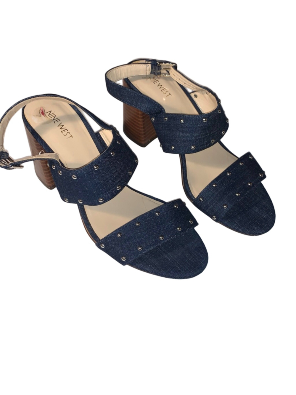 Women's Nine West Blue Denim Studded Block Heel Sandals Size 10